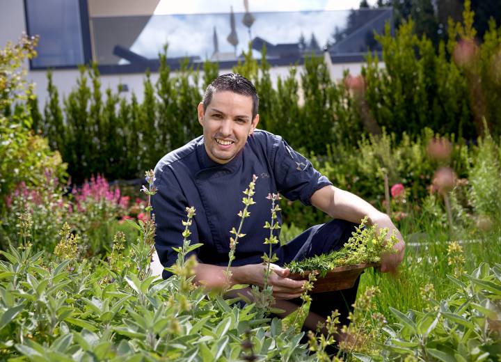 Head chef David Wagner in the herb garden